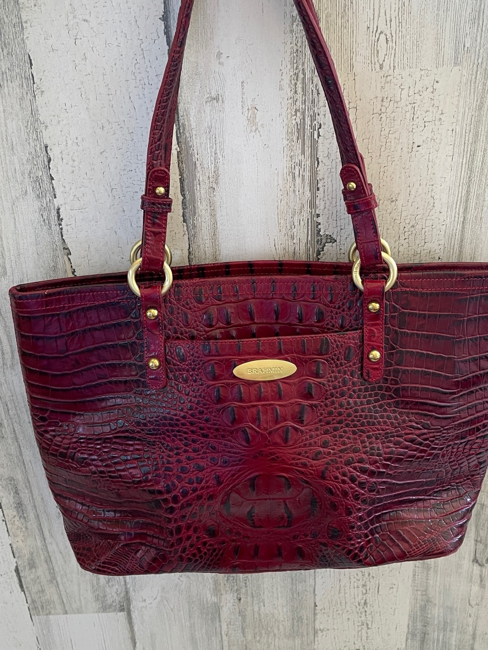 $225 Brahmin Alden Croc-Embossed Leather Tote in Deep Red Color